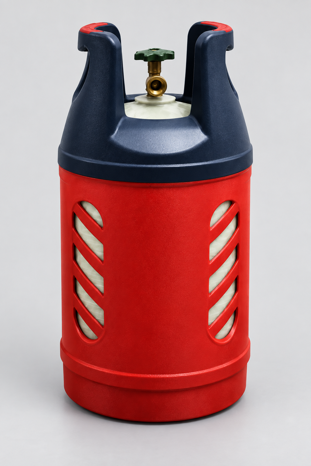 Red composite LPG cylinder with dark carry handles, a brass valve and diagonal casing openings